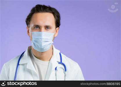 Portrait of doctor in professional medical coat and facial mask. Man doc isolated on purple background. Medical staff concept. High quality photo. Portrait of doctor in professional medical coat and facial mask. Man doc isolated on purple background. Medical staff concept.