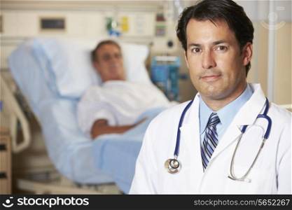 Portrait Of Doctor With Patient In Background