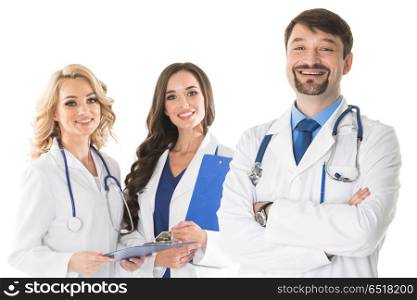 Portrait of doctors team. Group portrait of confident happy doctors isolated on white background