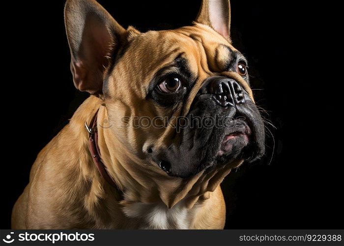 Portrait of dog french bulldog on black background. Neural network AI generated art. Portrait of dog french bulldog on black background. Neural network AI generated