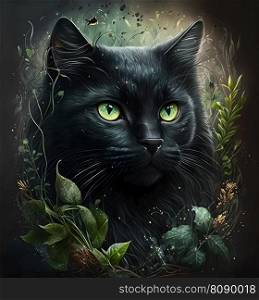 Portrait of domestic cat with black fur outdoors with nature background. Neural network AI generated art. Portrait of domestic cat with black fur outdoors with nature background. Neural network generated art