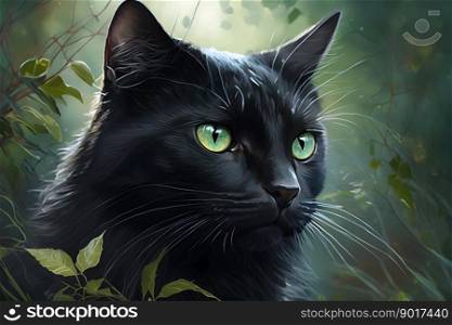 Portrait of domestic cat with black fur outdoors with nature background. Neural network AI generated art. Portrait of domestic cat with black fur outdoors with nature background. Neural network generated art