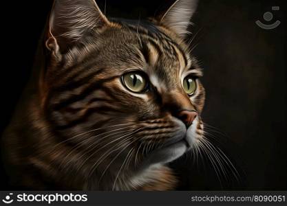 Portrait of domestic cat with tabby fur outdoors with dark background. Neural network AI generated art. Portrait of domestic cat with tabby fur outdoors with dark background. Neural network generated art