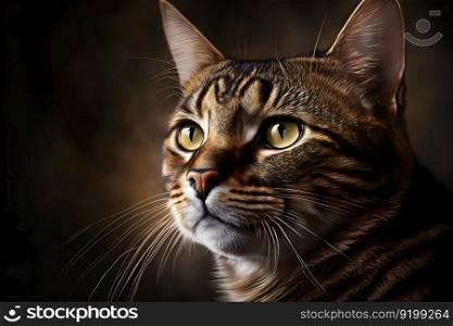 Portrait of domestic cat with tabby fur outdoors with dark background. Neural network AI generated art. Portrait of domestic cat with tabby fur outdoors with dark background. Neural network generated art