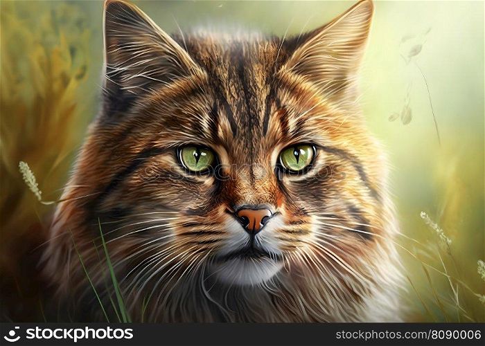 Portrait of domestic cat with tabby fur outdoors with nature background. Neural network AI generated art. Portrait of domestic cat with tabby fur outdoors with nature background. Neural network generated art