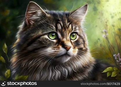 Portrait of domestic cat with tabby fur outdoors with nature background. Neural network AI generated art. Portrait of domestic cat with tabby fur outdoors with nature background. Neural network generated art