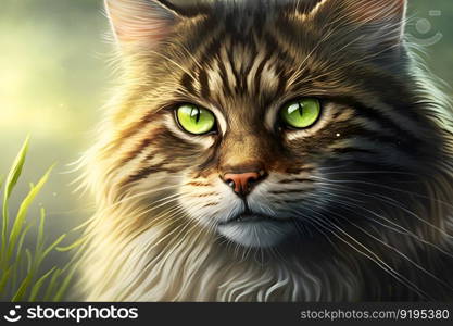 Portrait of domestic cat with tabby fur outdoors with nature background. Neural network AI generated art. Portrait of domestic cat with tabby fur outdoors with nature background. Neural network generated art