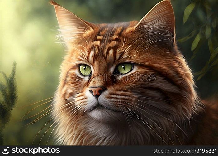 Portrait of domestic cat with tabby fur outdoors with nature background. Neural≠twork AI≥≠rated art. Portrait of domestic cat with tabby fur outdoors with nature background. Neural≠twork≥≠rated art