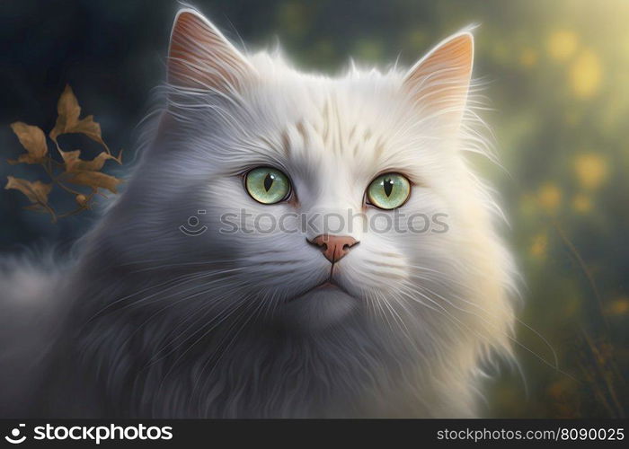 Portrait of domestic cat with white fur outdoors with nature background. Neural network AI generated art. Portrait of domestic cat with white fur outdoors with nature background. Neural network generated art