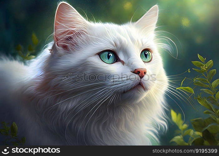 Portrait of domestic cat with white fur outdoors with nature background. Neural network AI generated art. Portrait of domestic cat with white fur outdoors with nature background. Neural network generated art