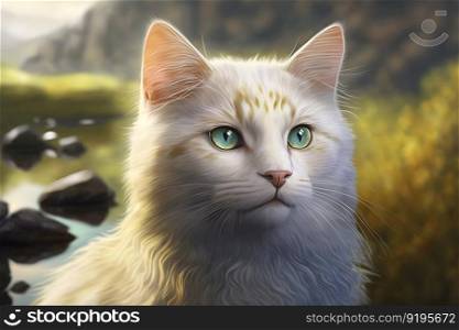 Portrait of domestic cat with white fur outdoors with nature background. Neural network AI generated art. Portrait of domestic cat with white fur outdoors with nature background. Neural network generated art