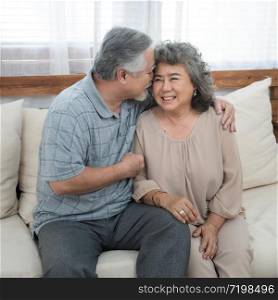 Portrait of elderly senior asian couple happy together at home.