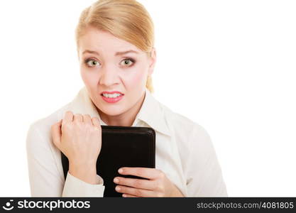 Portrait of emotional afraid businesswoman shy woman isolated on white. First day in new job or stress in work.