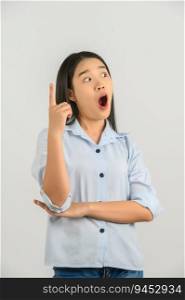 Portrait of Excited young asian woman in blue shirt have idea isolated on white background. Expression and lifestyle concept.