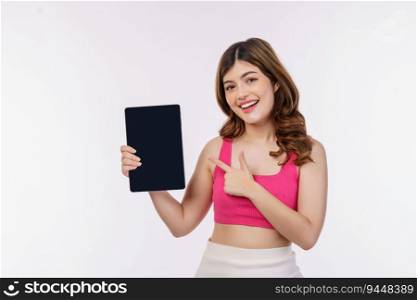 Portrait of excited young woman holding tablet mock up isolated over white background. Technology, people and lifestyle concept.