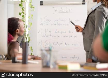 Portrait of executive businesswoman presenting her plan and idea to her colleague at meeting. Teamwork.