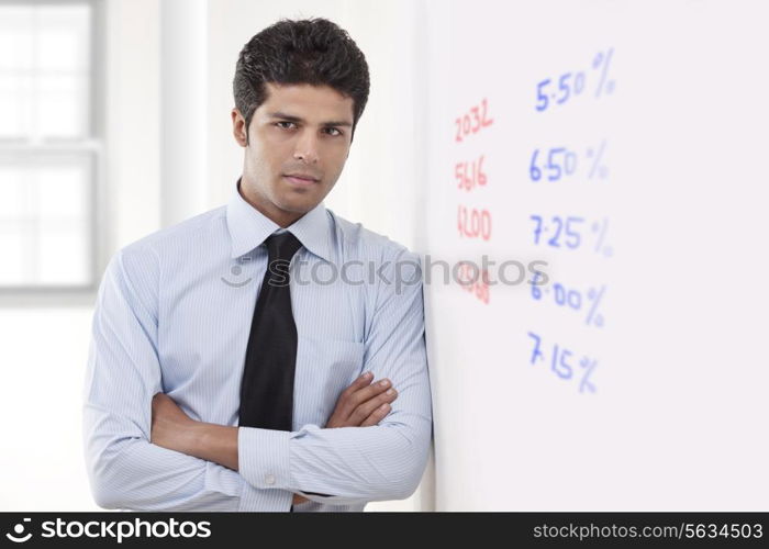 Portrait of executive standing next to white board