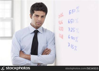 Portrait of executive standing next to white board