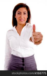 portrait of executive with thumbs up on an isolated white background
