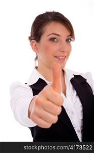 portrait of executive with thumbsup against white background
