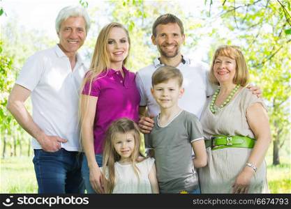 Portrait of extended family in park. Portrait of extended family with children and seniors in summer park