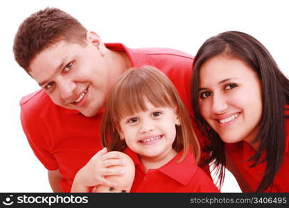 Portrait of family looking at camera on a white background