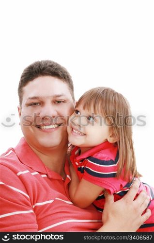 Portrait of father and daughter smiling, isolated on white