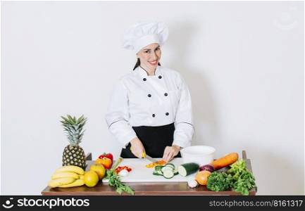 Portrait of female chef cutting vegetables, Female chef preparing salad, a female chef cutting fresh vegetables, Concept of a female chef preparing fresh vegetables