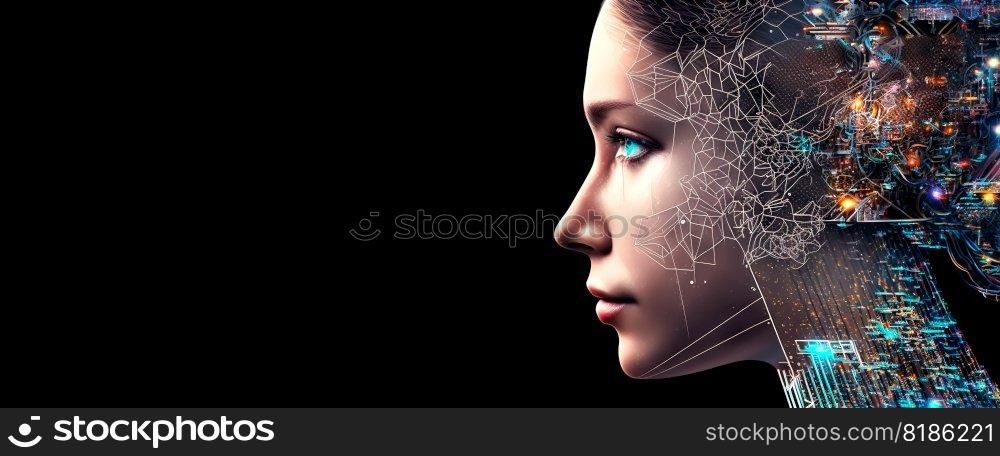 Portrait of female humanoid bioluminescent robot . Android face. Synthetic life. Generative AI.. Portrait of female humanoid bioluminescent robot . Android face. Synthetic life. Generative AI