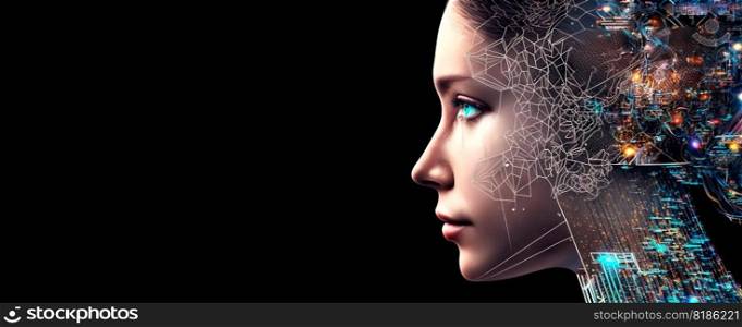 Portrait of female humanoid bioluminescent robot . Android face. Synthetic life. Generative AI.. Portrait of female humanoid bioluminescent robot . Android face. Synthetic life. Generative AI
