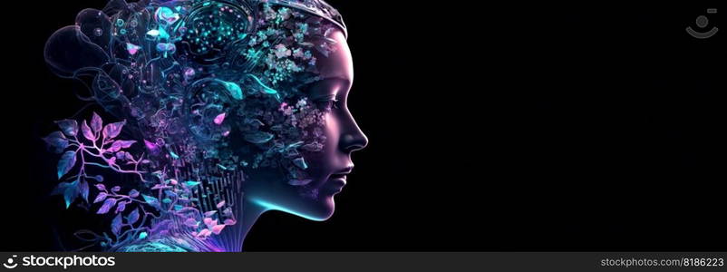 Portrait of female humanoid bioluminescent robot . Android face. Synthetic life. Generative AI.. Portrait of female humanoid bioluminescent robot . Android face. Synthetic life. Generative AI