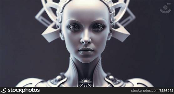 Portrait of female humanoid robot made of white plastic and glass. Android face. Synthetic life. Generative AI.. Portrait of female humanoid robot made of white plastic and glass. Android face. Synthetic life. Generative AI