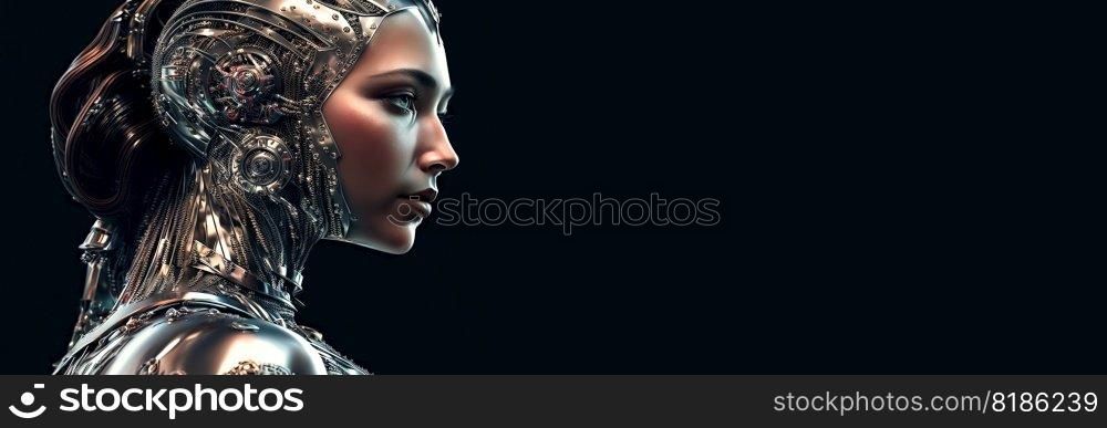 Portrait of female humanoid robot. Metallic android face. Synthetic life. Generative AI.. Portrait of female humanoid robot. Metallic android face. Synthetic life. Generative AI