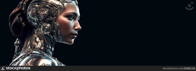 Portrait of female humanoid robot. Metallic android face. Synthetic life. Generative AI.. Portrait of female humanoid robot. Metallic android face. Synthetic life. Generative AI