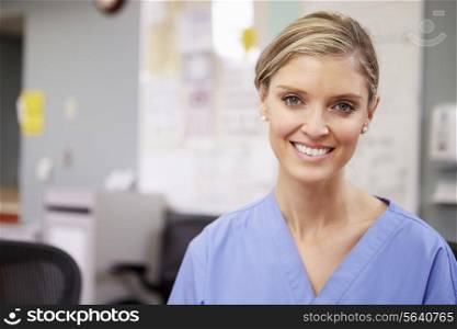 Portrait Of Female Nurse Working At Nurses Station