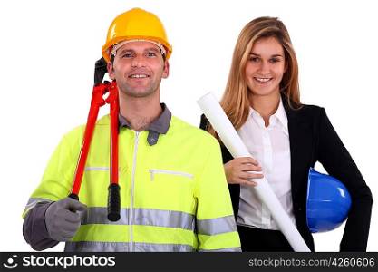 portrait of fine-looking female architect and workman