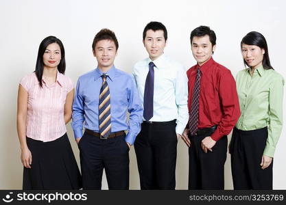 Portrait of five business executives standing and smiling together