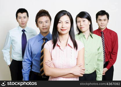 Portrait of five business executives standing together and smiling