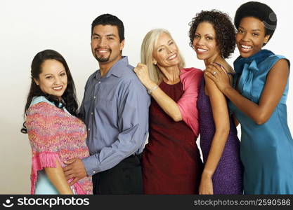 Portrait of five people standing in a row and smiling