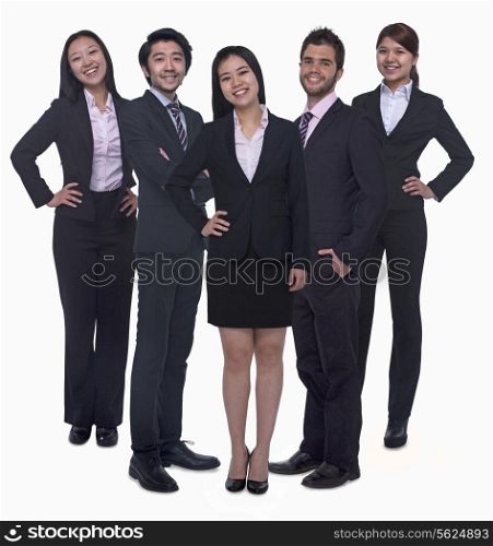 Portrait of five young smiling businesswomen and young businessmen, looking at camera, studio shot
