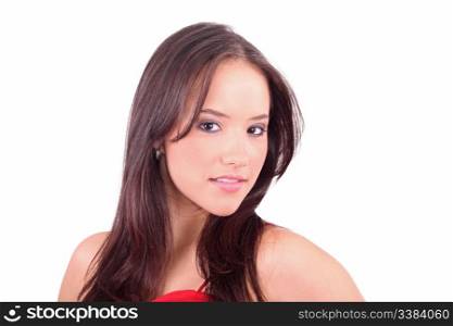 Portrait of Fresh and Beautiful brunette woman on white background