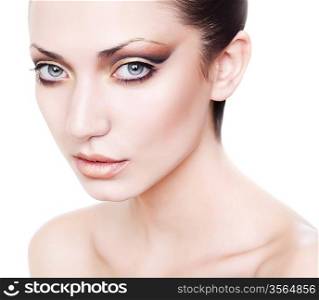 portrait of fresh attractive lady with clean skin on white background