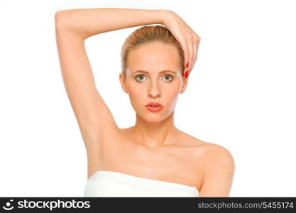 Portrait of fresh beautiful woman with hand on head isolated on white&#xA;