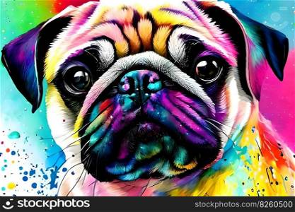 Portrait of funny multicoloured pug dog. Generative AI