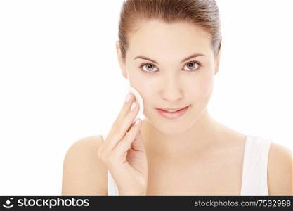 Portrait of girl having the face processing, isolated on a white background