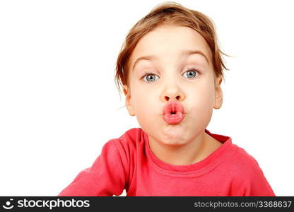 Portrait of girl in pink shirt on white background. She looks into camera, lips depicting kiss. Isolation.