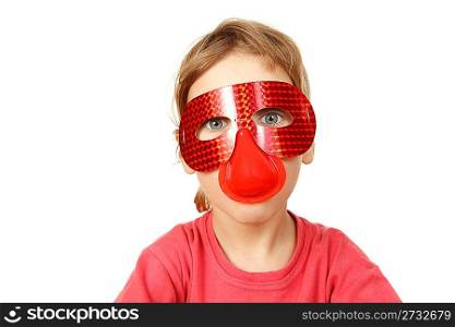 Portrait of girl in red mask on white background. Isolated.