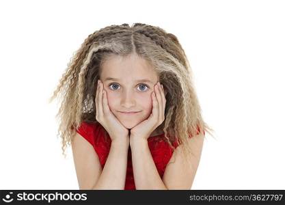 Portrait of girl with head in hands over white background