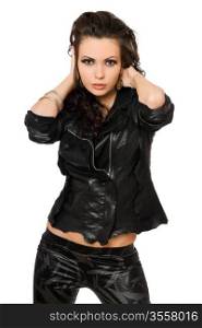 Portrait of gorgeous young brunette in black clothes. Isolated on white