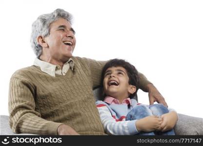 Portrait of grandfather and grandson sitting on sofa